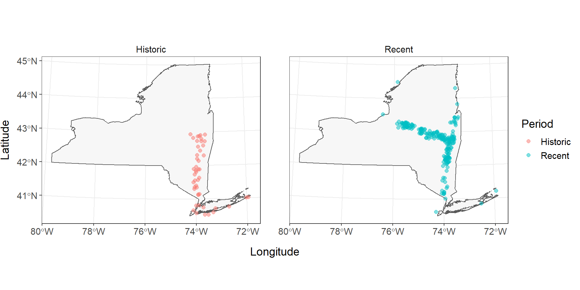 Historical (1934-1970) and recent (1970-present) records of Alosa aestivalis in New York, USA (Carlson et al. 2016). Records missing exact dates or locations are not displayed.
